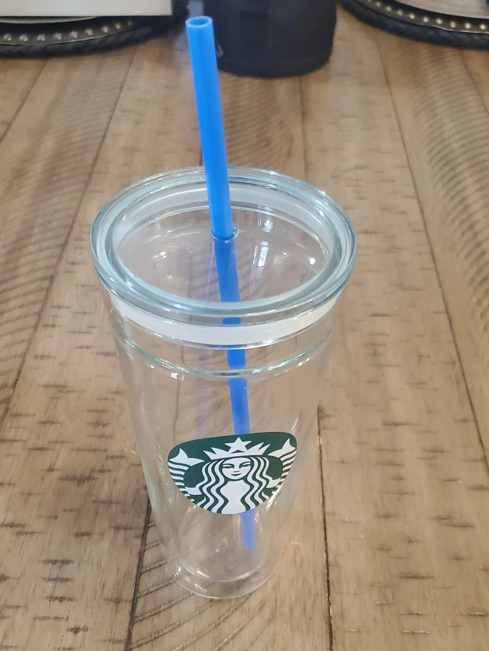 Starbucks Clear Tumbler with Green Logo and Blue Straw
